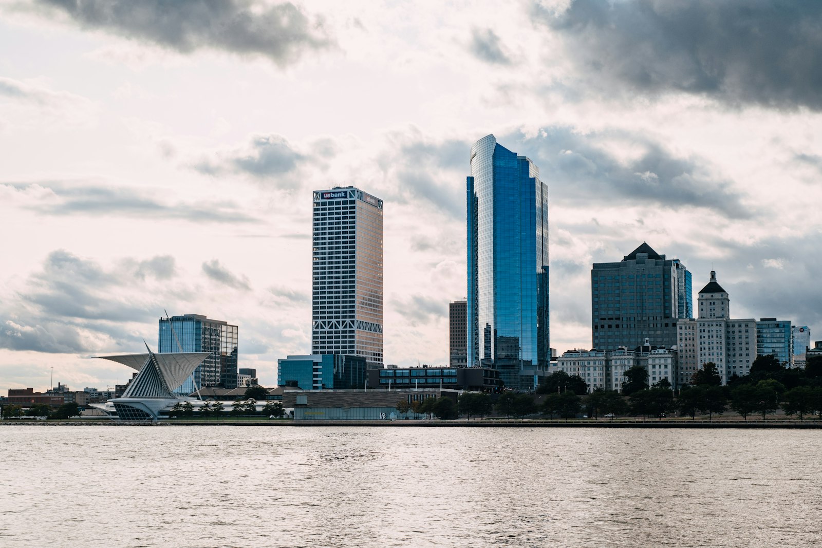 The Milwaukee skyline and Art Museum seen across Lake Michigan