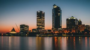 The Milwaukee skyline and lakefront at dusk