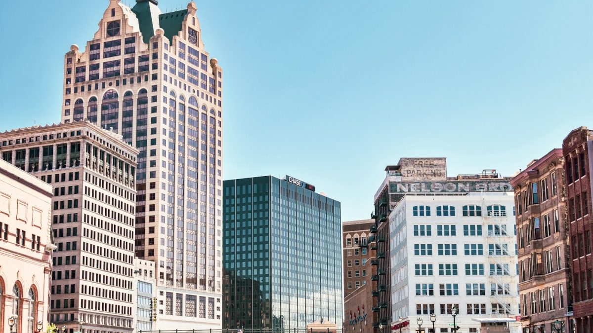 Downtown Milwaukee's historic skyline on a clear day