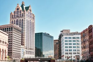 Downtown Milwaukee's historic skyline on a clear day