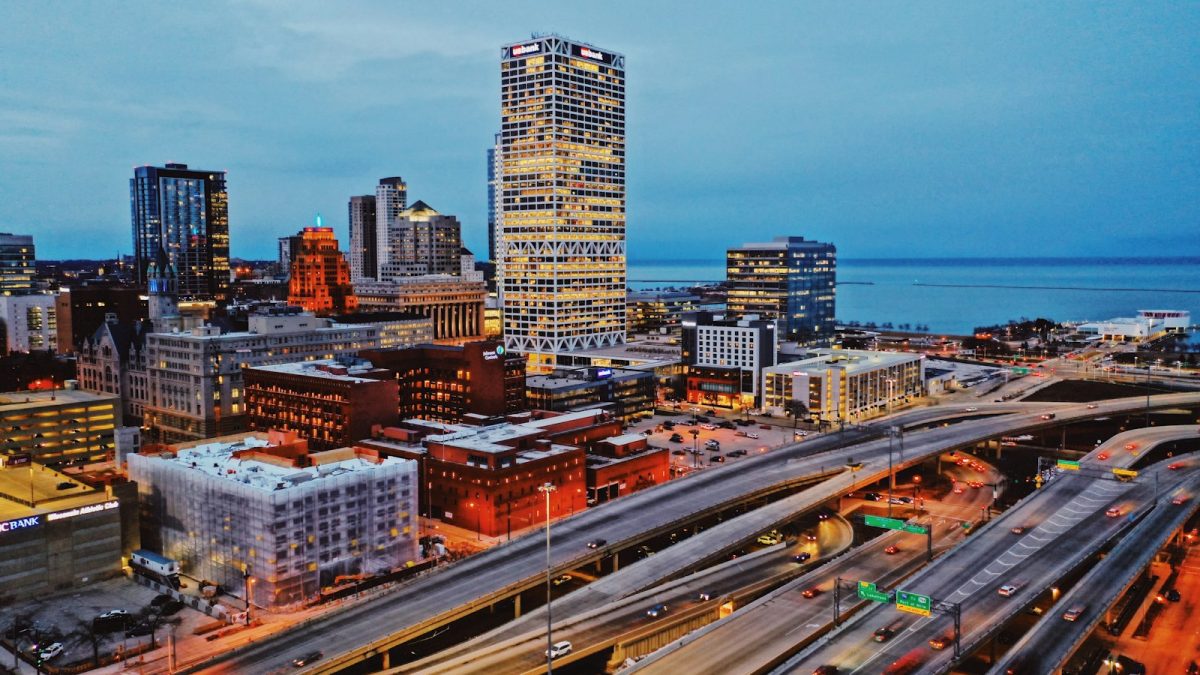 Aerial view of downtown Milwaukee at twilight