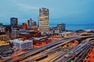 Aerial view of downtown Milwaukee at twilight